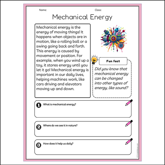 Mechanical Energy | Reading Passage Comprehension Questions Writing Facts Worksheet