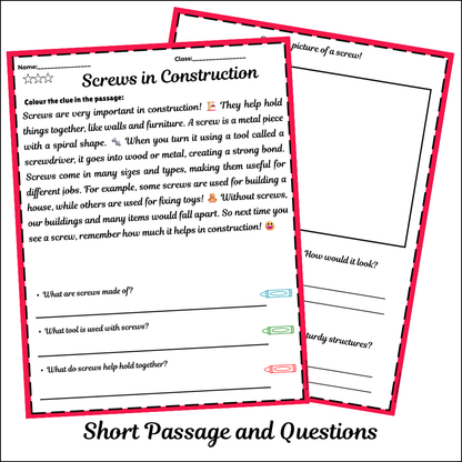Screws in Construction | Short Reading Comprehension Creative Worksheet