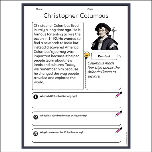 Christopher Columbus | Reading Passage Comprehension Questions Writing Facts Worksheet