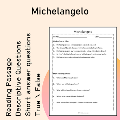 Michelangelo | Reading Comprehension Passage Printable Activity