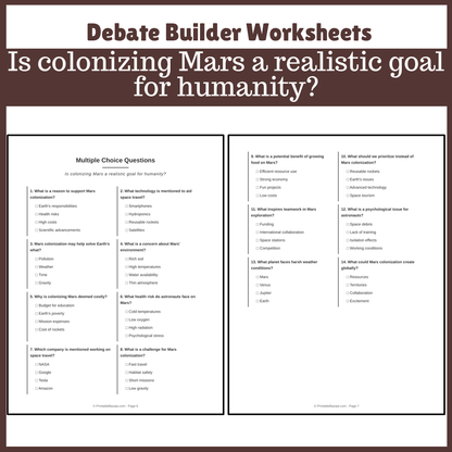 Is colonizing Mars a realistic goal for humanity? | Favour and Against Worksheet Printable Activity
