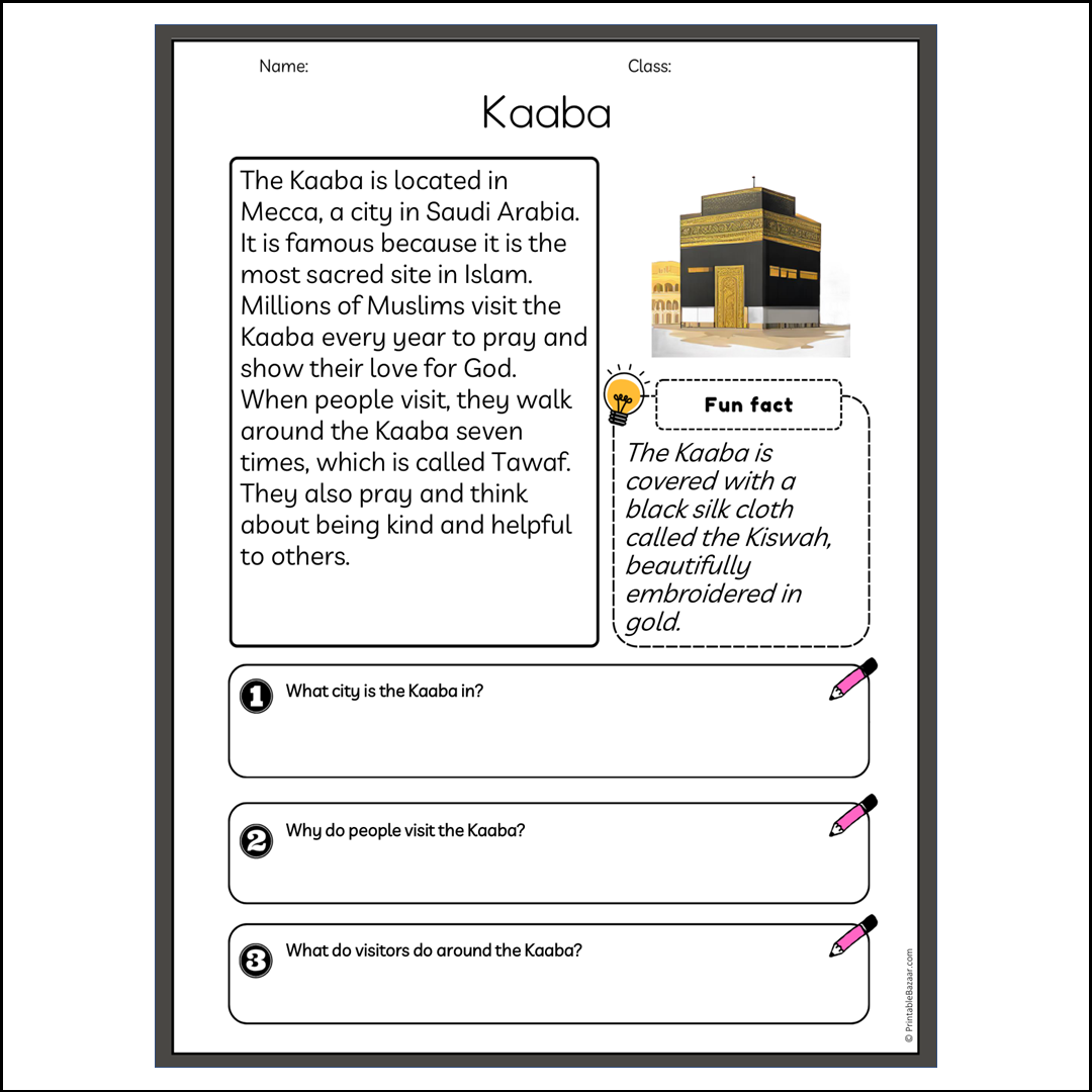Kaaba | Reading Passage Comprehension Questions Writing Facts Worksheet