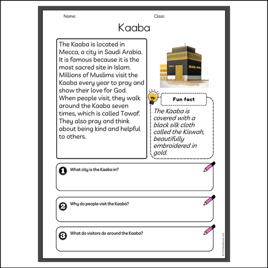 Kaaba | Reading Passage Comprehension Questions Writing Facts Worksheet