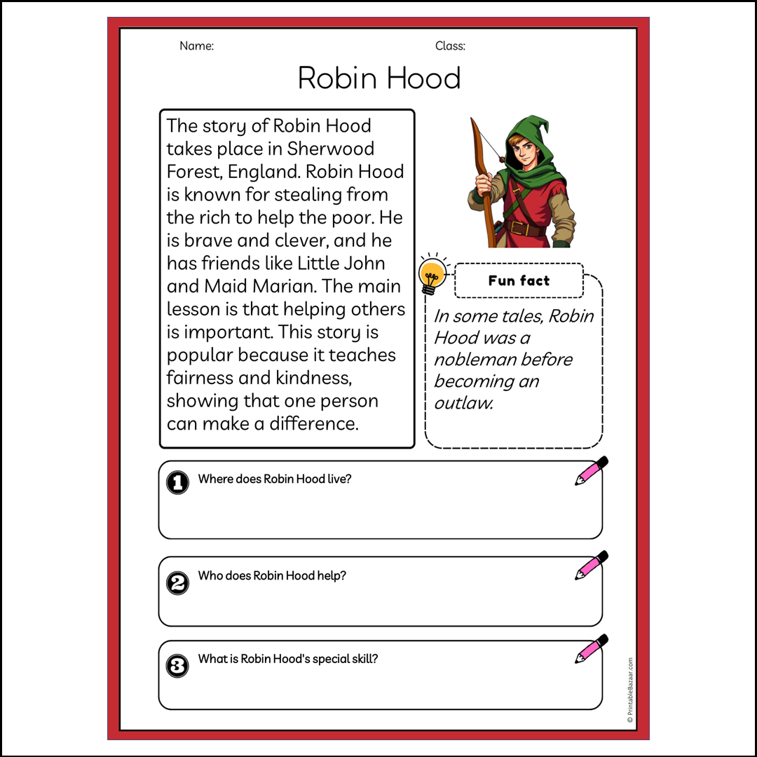 Robin Hood | Reading Passage Comprehension Questions Writing Facts Worksheet