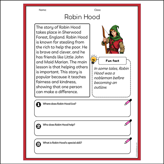 Robin Hood | Reading Passage Comprehension Questions Writing Facts Worksheet