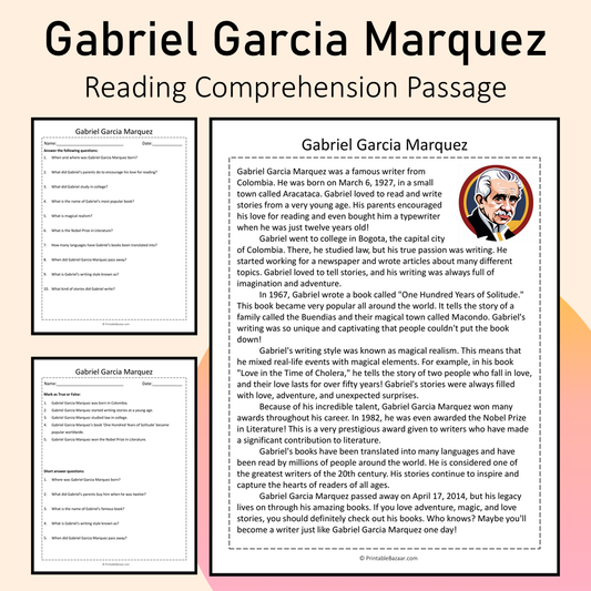 Gabriel Garcia Marquez | Reading Comprehension Passage Printable Activity