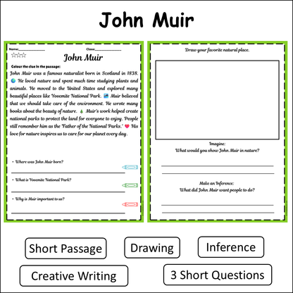 John Muir | Short Reading Comprehension Creative Worksheet