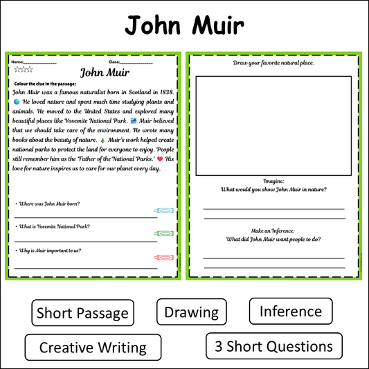 John Muir | Short Reading Comprehension Creative Worksheet