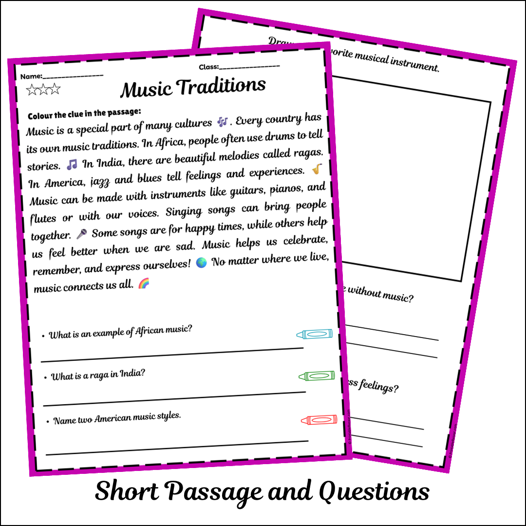 Music Traditions | Short Reading Comprehension Creative Worksheet
