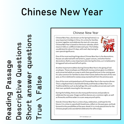 Chinese New Year | Reading Comprehension Passage Printable Worksheet