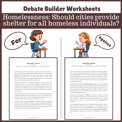 Homelessness: Should cities provide shelter for all homeless individuals? | Favour and Against Worksheet Printable Activity
