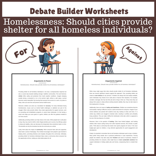 Homelessness: Should cities provide shelter for all homeless individuals? | Favour and Against Worksheet Printable Activity