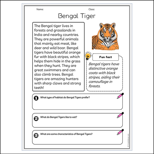 Bengal Tiger | Reading Passage Comprehension Questions Writing Facts Worksheet