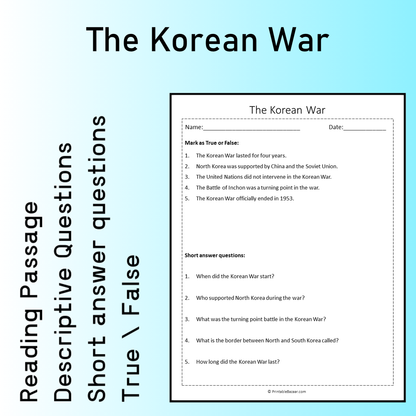 The Korean War | Reading Comprehension Passage Printable Worksheet