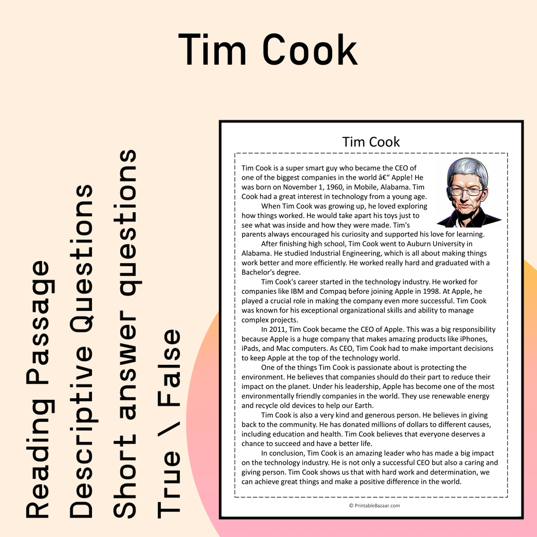 Tim Cook | Reading Comprehension Passage Printable Activity