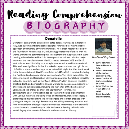 Donatello | Biography Reading Comprehension and Questions Worksheet