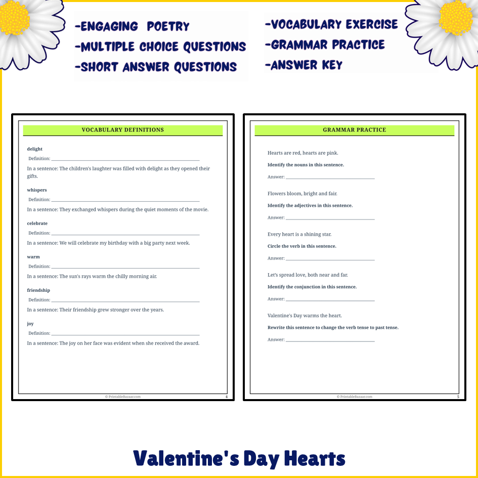 Valentine's Day Hearts | Poem Grammar Worksheet Printable Activity