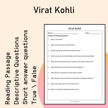 Virat Kohli | Reading Comprehension Passage Printable Activity