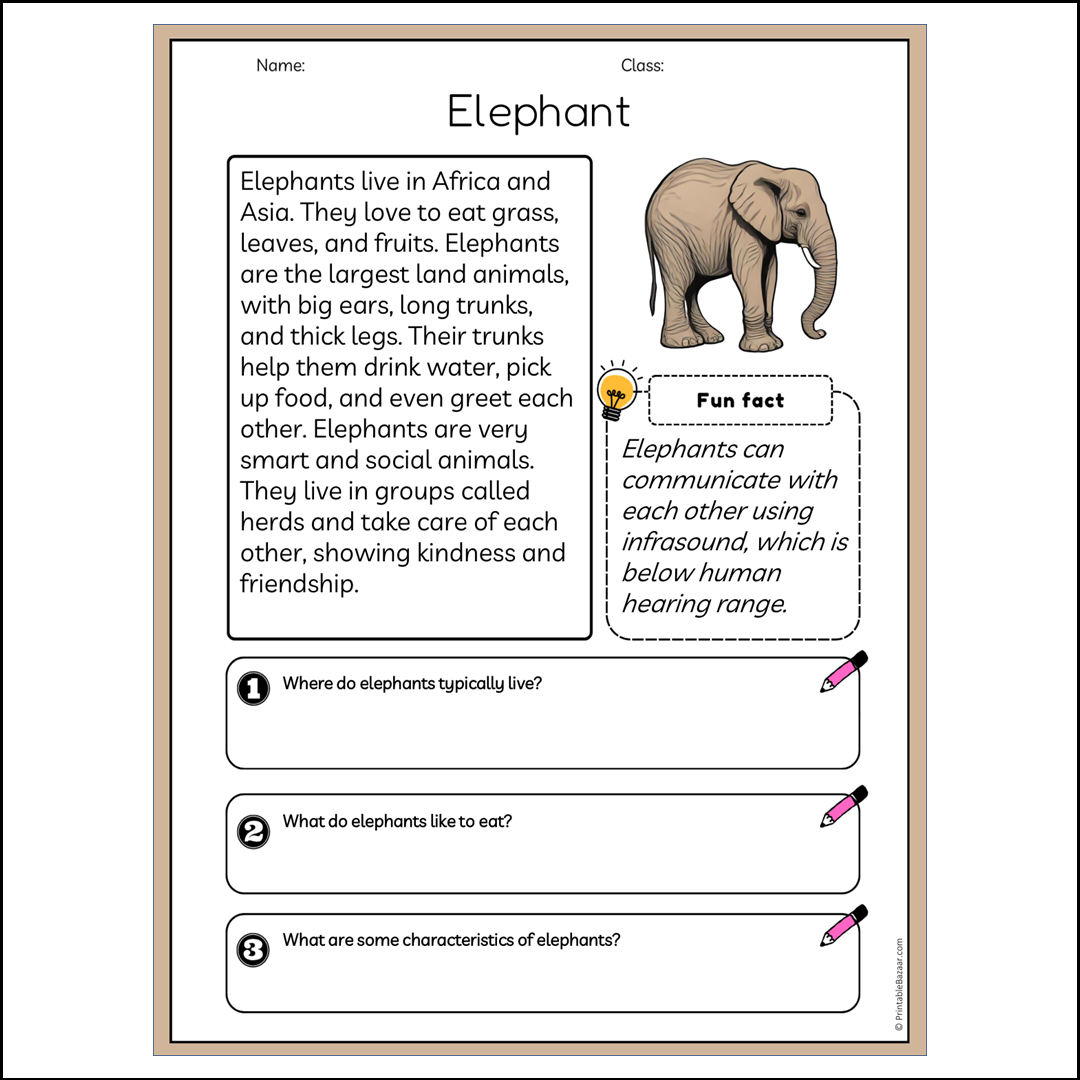 Elephant | Reading Passage Comprehension Questions Writing Facts Worksheet