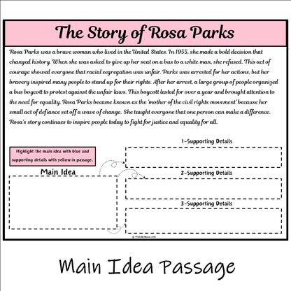 The Story of Rosa Parks | Main Idea and Supporting Details Reading Passage and Questions