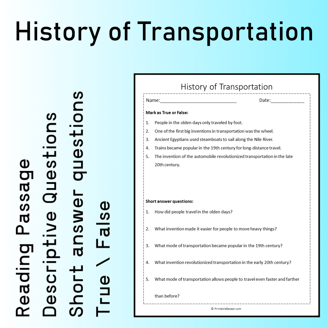 History of Transportation | Reading Comprehension Passage Printable Worksheet