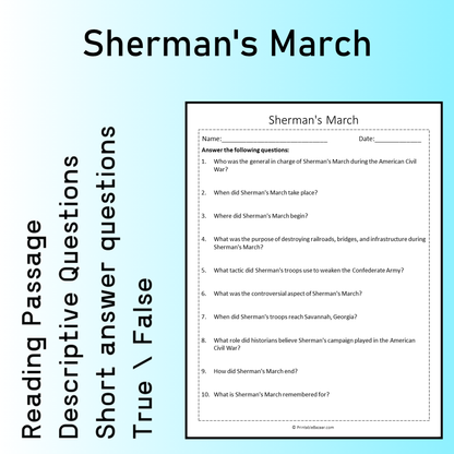 Sherman's March | Reading Comprehension Passage Printable Worksheet