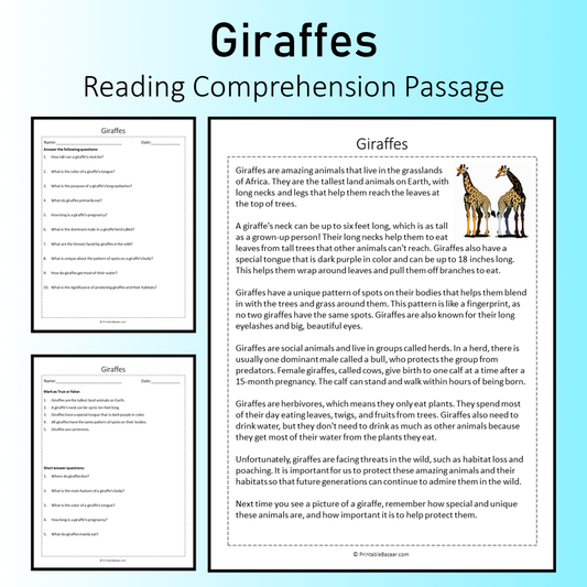 Giraffes | Reading Comprehension Passage Printable Worksheet
