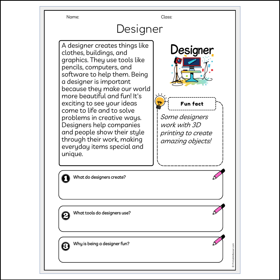 Designer | Reading Passage Comprehension Questions Writing Facts Worksheet