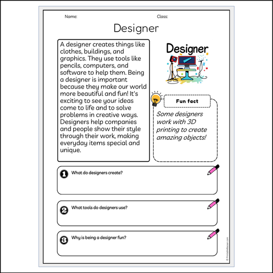 Designer | Reading Passage Comprehension Questions Writing Facts Worksheet