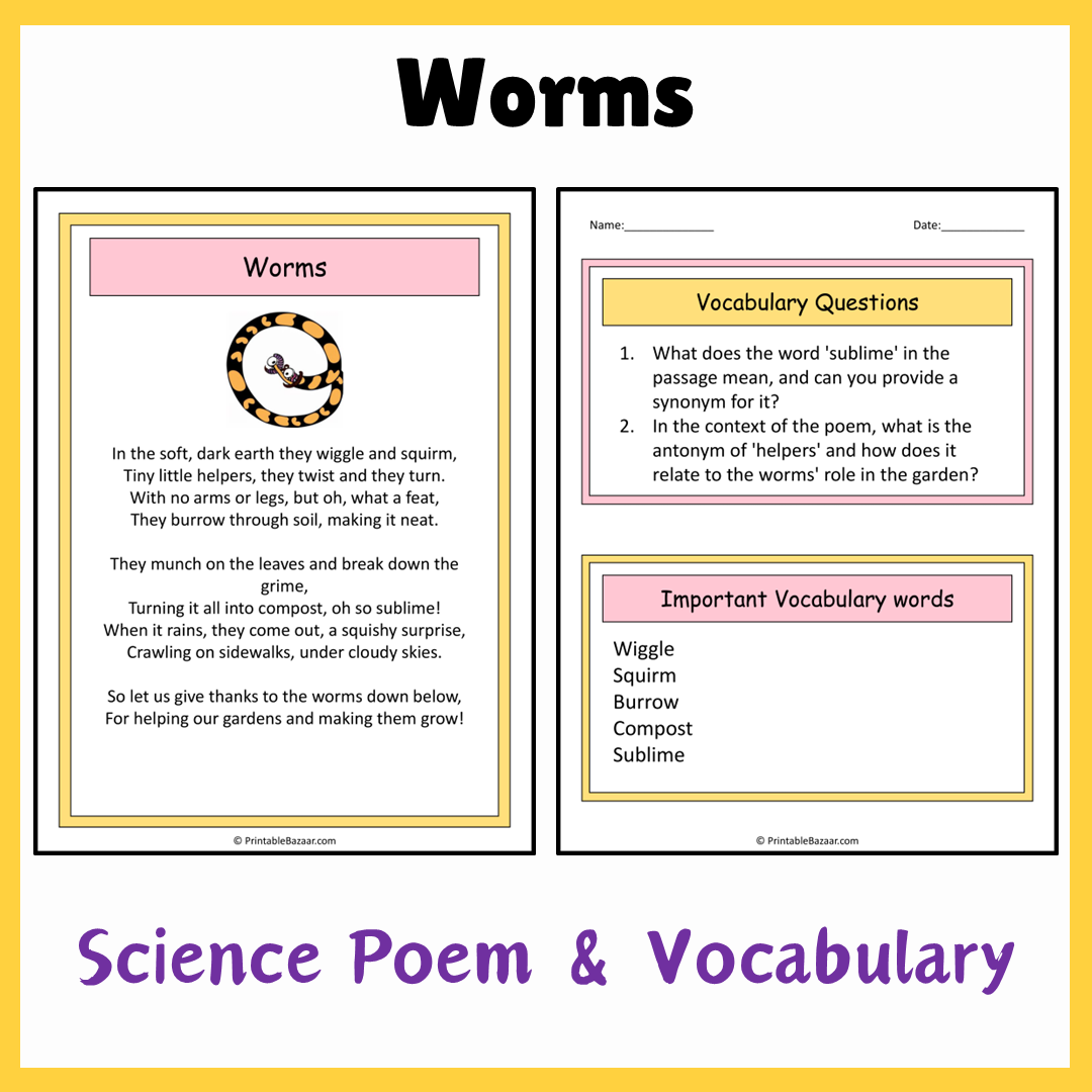 Worms | Science Poem Reading Comprehension Activity