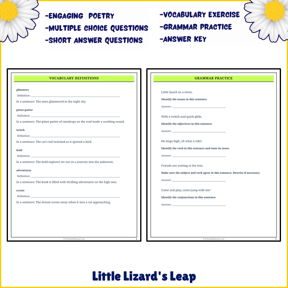 Little Lizard's Leap | Poem Grammar Worksheet Printable Activity