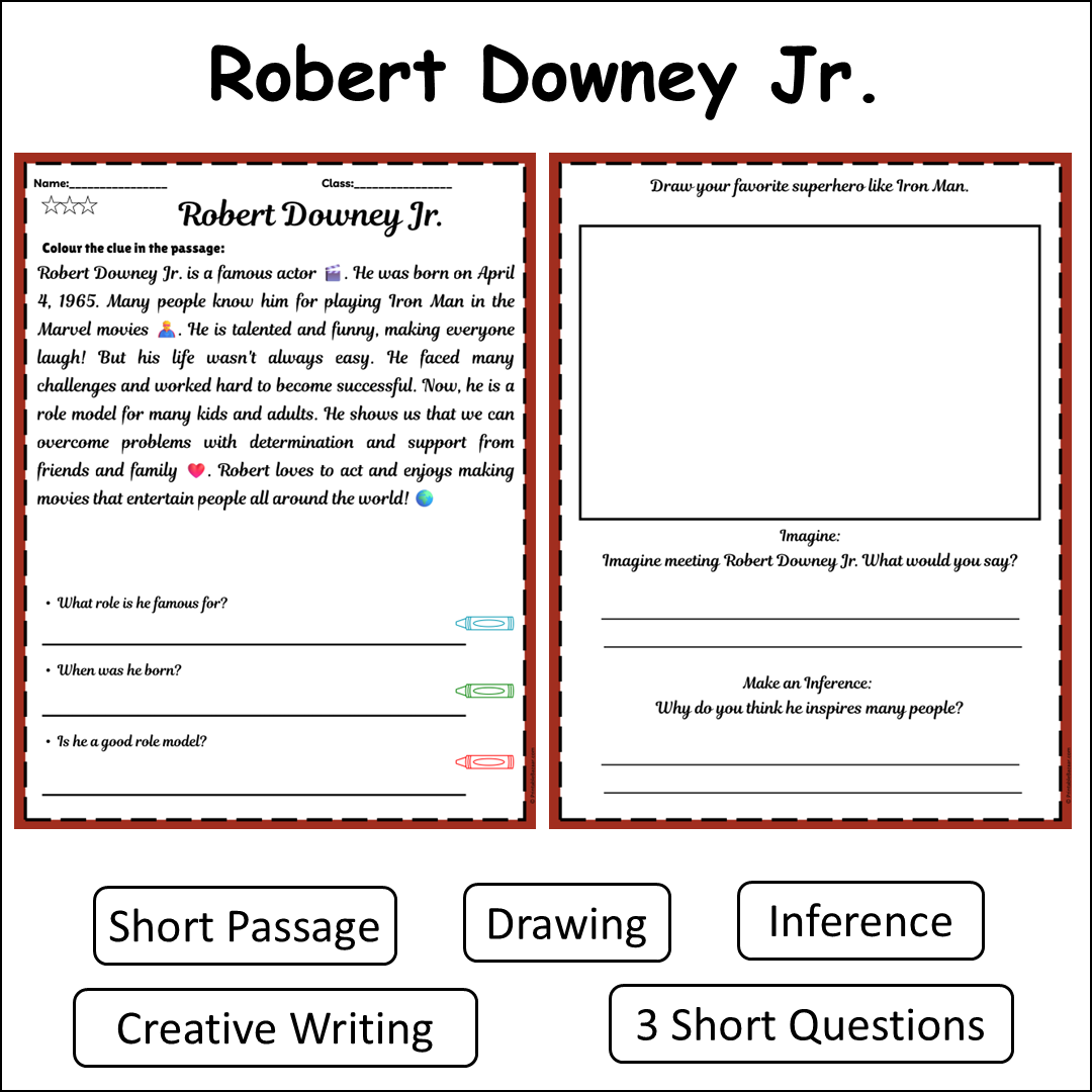 Robert Downey Jr. | Short Reading Comprehension Creative Worksheet