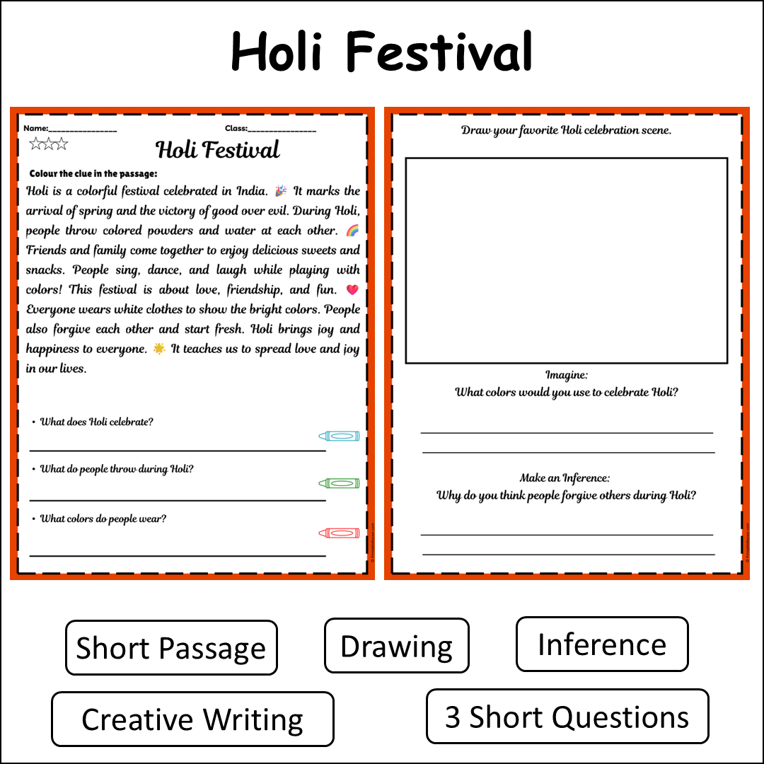 Holi Festival | Short Reading Comprehension Creative Worksheet
