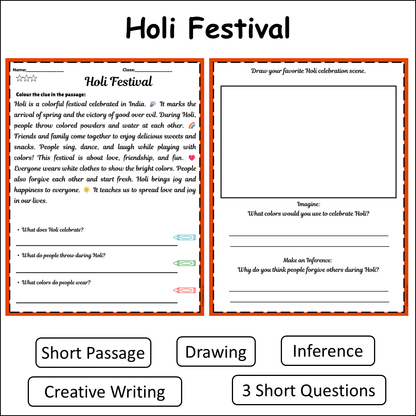 Holi Festival | Short Reading Comprehension Creative Worksheet