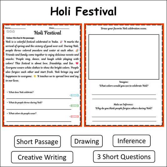 Holi Festival | Short Reading Comprehension Creative Worksheet