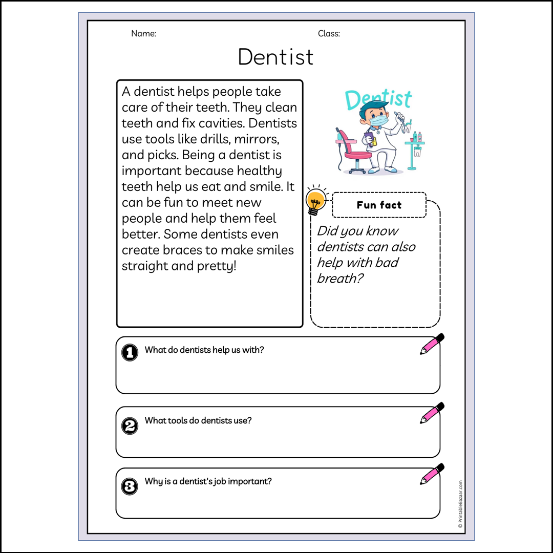 Dentist | Reading Passage Comprehension Questions Writing Facts Worksheet