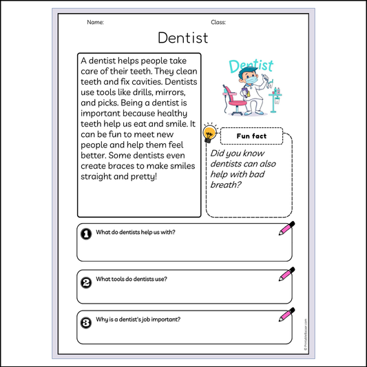 Dentist | Reading Passage Comprehension Questions Writing Facts Worksheet