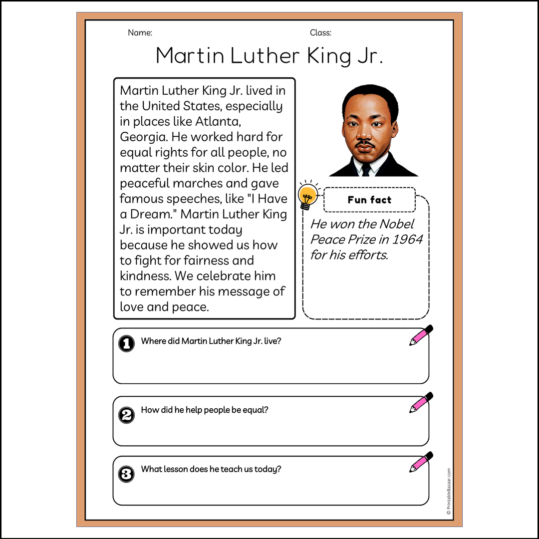 Martin Luther King Jr. | Reading Passage Comprehension Questions Writing Facts Worksheet