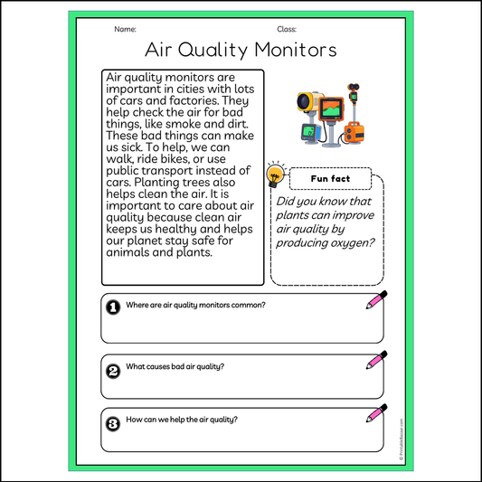 Air Quality Monitors | Reading Passage Comprehension Questions Writing Facts Worksheet