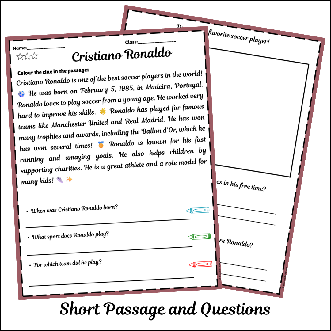 Cristiano Ronaldo | Short Reading Comprehension Creative Worksheet