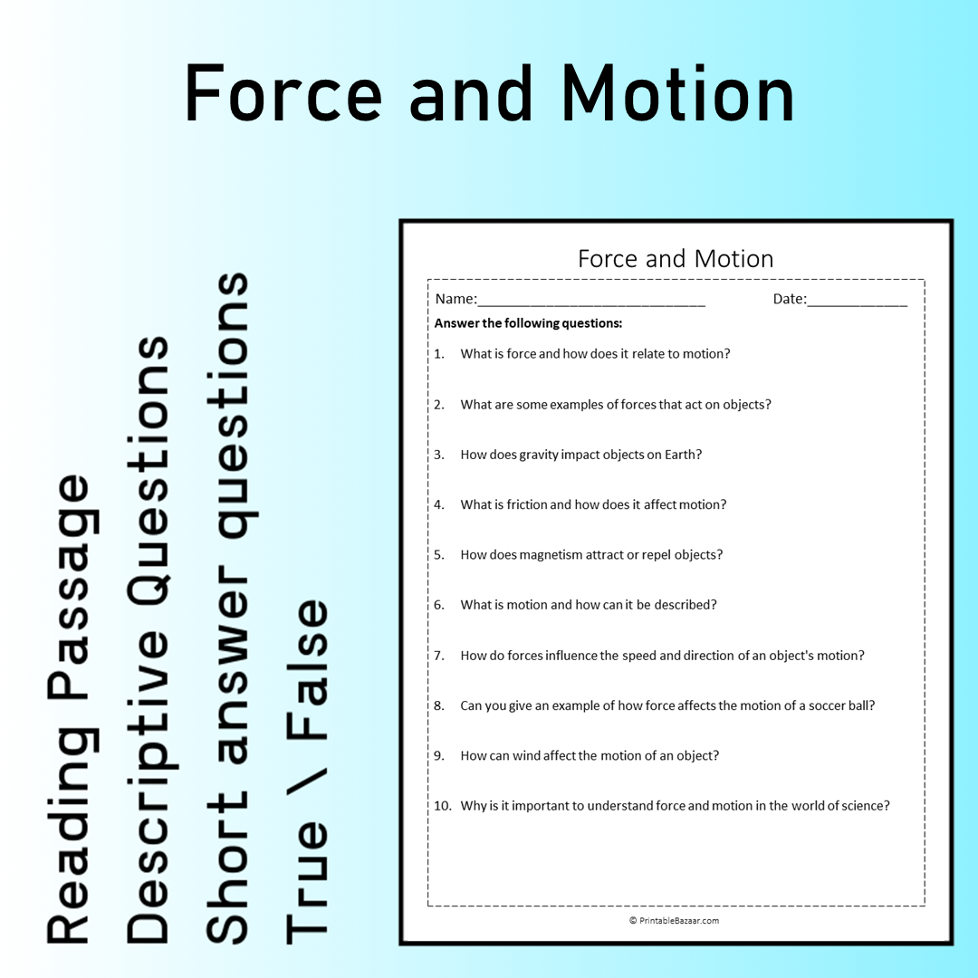 Force and Motion | Reading Comprehension Passage Printable Worksheet