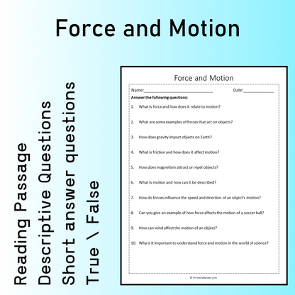 Force and Motion | Reading Comprehension Passage Printable Worksheet