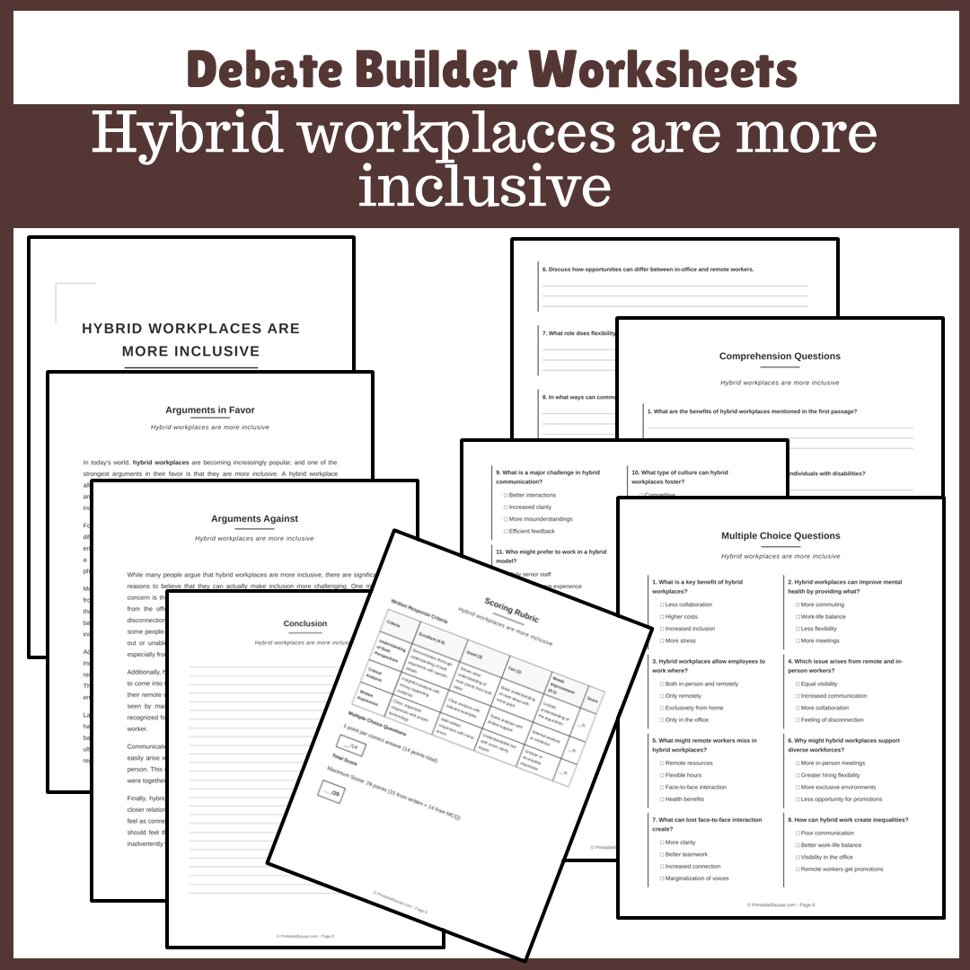 Hybrid workplaces are more inclusive | Favour and Against Worksheet Printable Activity