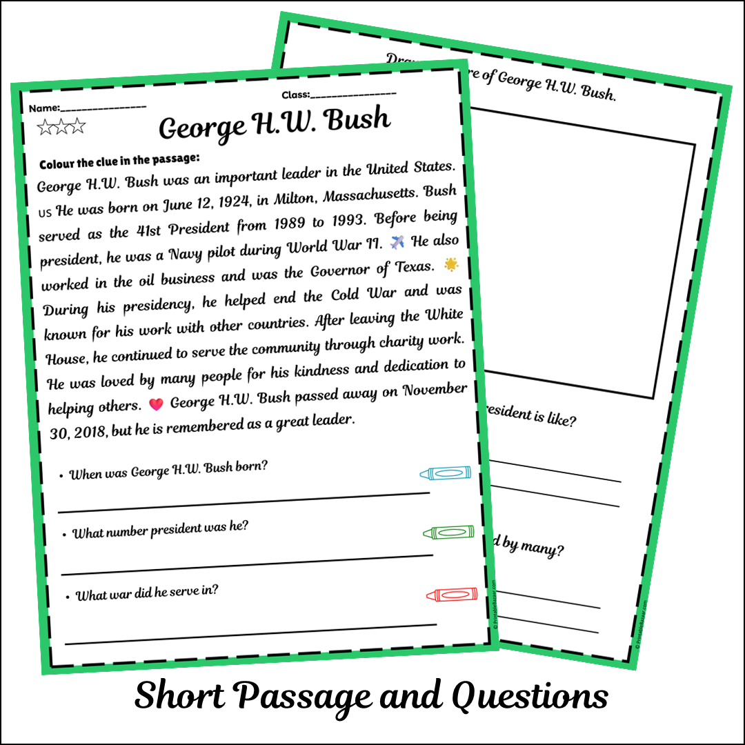 George H.W. Bush | Short Reading Comprehension Creative Worksheet