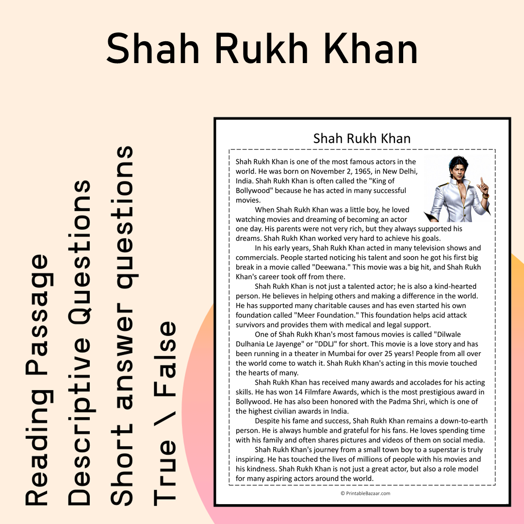 Shah Rukh Khan | Reading Comprehension Passage Printable Activity