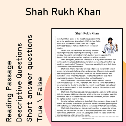 Shah Rukh Khan | Reading Comprehension Passage Printable Activity