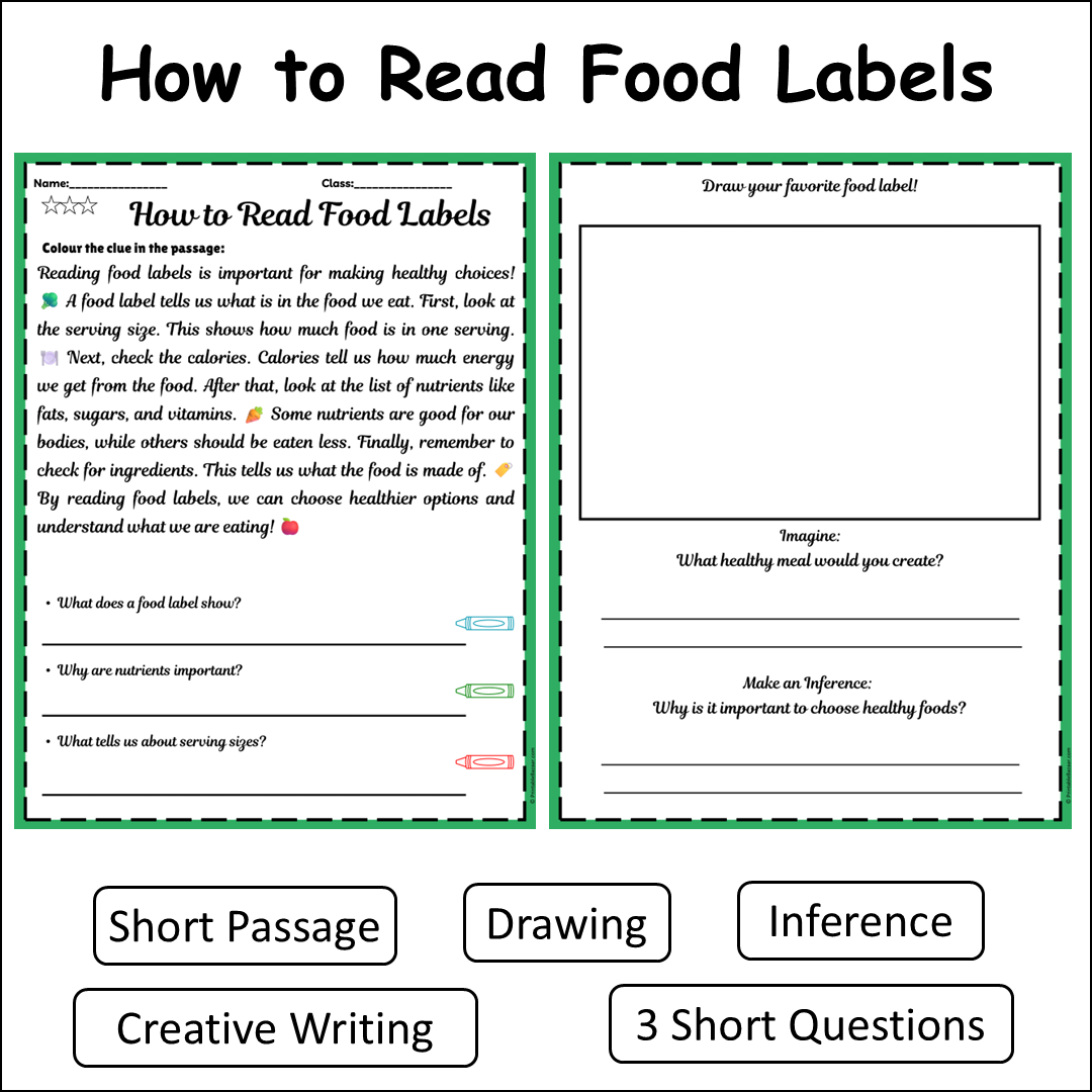How to Read Food Labels | Short Reading Comprehension Creative Worksheet
