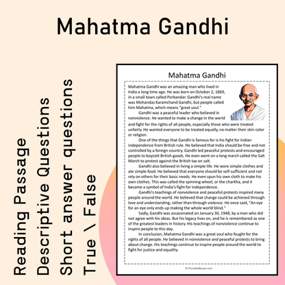 Mahatma Gandhi | Reading Comprehension Passage Printable Activity