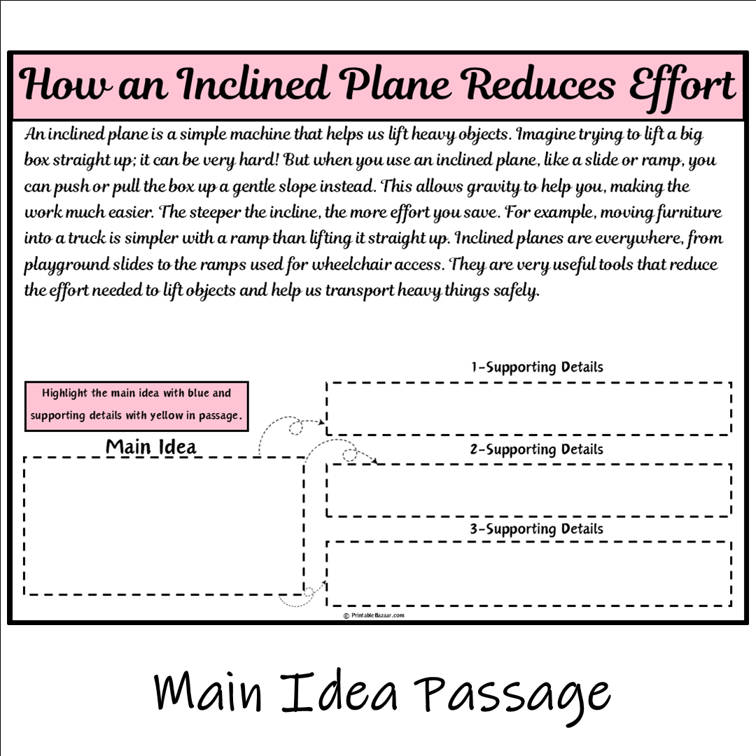 How an Inclined Plane Reduces Effort | Main Idea and Supporting Details Reading Passage and Questions