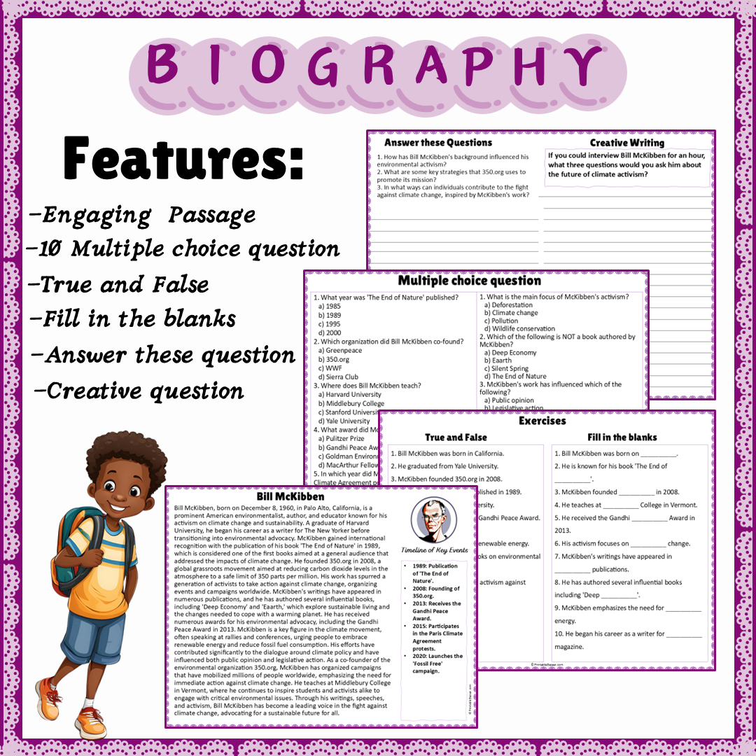 Bill McKibben | Biography Reading Comprehension and Questions Worksheet